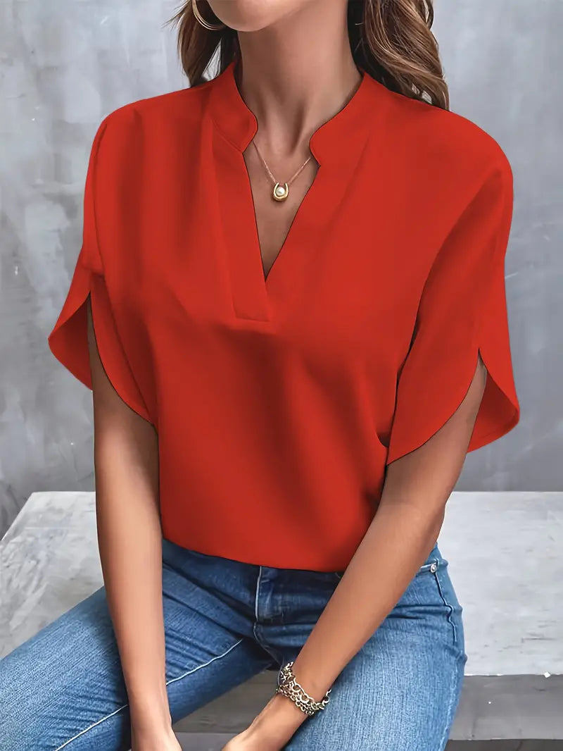 Blouse à col en V de couleur unie